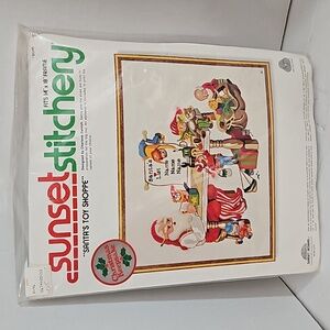 Vintage Sunset Stitchery Santas Toy Shop 1979 Sealed pkg Embroidery kit